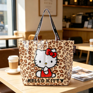 Sanrio | Leopard Print Hello Kitty Eco-Friendly Woven Large Capacity Storage Bag Officially Licensed Cartoon Plaid Waterproof Tote Bag Fo