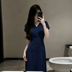 Ge·an·fei | Đầm Áo Sơ Mi Giảm Cân Elegance Màu Xanh Pháp