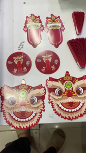 Set 6 quạt giấy đỏ đầu lân decor trang trí trung thu lễ Tết
