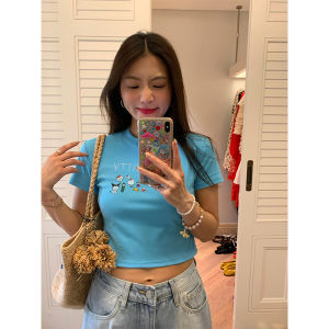 Short Sleeve T-Shirt Womens Blue Print Slim Fit Cotton Polyester Blend Diamond Heat Transfer Sweet And Spicy Style Summer Top