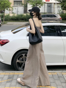 Quần Ống Rộng Cạp Cao Màu Nâu Dài Đến Sàn Mùa Hè Cho Nữ Dáng Rộng Thoải Mái Giản Dị