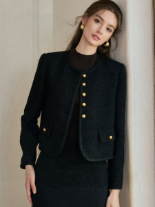 Roey s house | Elegant Chanel Style Tweed Black Jacket Women Winter OL Style Round Collar