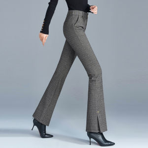High Waist Slimming Grey Plaid Casual Pants for Women Spring Autumn High Slit Flared Legs Comfortable Commute Style