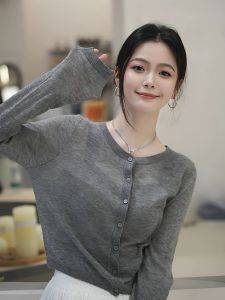 Summer New Loose Short Ultra-Thin Sun Protection Air Conditioning Silk Wool Knitted Cardigan Womens Outerwear Top Pure Color