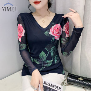 YIMEI Áo Thun Lưới Thời Trang Xuân Thu 2023 Áo In Họa Tiết Thanh Lịch Cho Nữ Áo Lót Cổ Chữ V Mỏng Ôm Sát Áo Kiểu Phương Tây