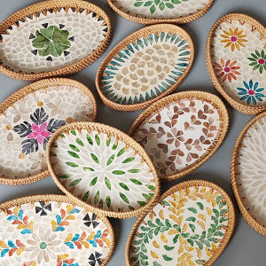 North End Rattan Shell Tray Fruit Plate For Home Living Room Dessert Storage Tea Tray Oval Tray Three-Piece Set