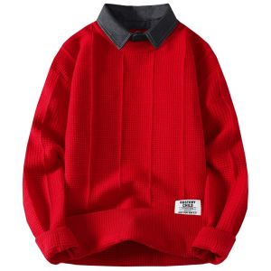 HENGYUANXIANG | เสื้อสเวตเตอร์คอโปโลผู้ชายสีแดงปีมังกร แฟชั่นฤดูหนาว ปกเสื้อสเวตเตอร์แบบสวมหัว ผ้าฝ้ายผสมโพลีเอสเตอร์ น้ำหนักเบา อบอุ่น