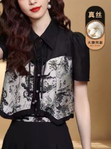 เสื้อเชิ้ตไหมแขนสั้นผู้หญิงสไตล์จีนใหม่ ทรงหลวม สไตล์ฤดูร้อน 2024 เส้นใยไหมหม่อน 90% ไนลอนยืด 10%