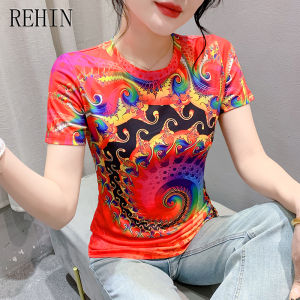 REHIN Summer new fashion unique pattern printing short-sleeved T-shirt round collar elegant womens top