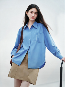 PEACEBIRD | Casual Classic Blue Loose Fit Long Sleeve Shirt