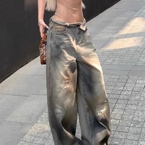 Quần Jeans Denim Ống Rộng Rộng Rộng Cạp Cao Cho Nữ Quần Dài Đến Sàn Có Lỗ Xẻ Quần Jeans Denim Phong Cách Đường Phố Mùa Hè