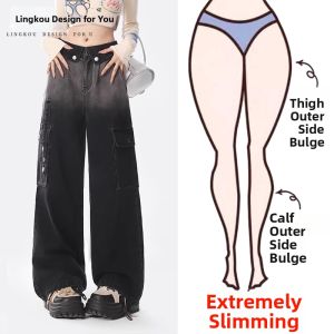 NUMEN BUTTON | Slimming High Waist Wide Leg Denim Dungarees