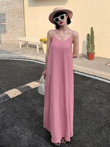 เรียบหรู คอวี ฝรั่งเศส พลีท แม็กซี่เดรส ผู้หญิง ฤดูร้อน 2024 พลัสไซส์ หลวม Fit สวย เดรส เอวสูง แขนกุด กระโปรงสลิป
