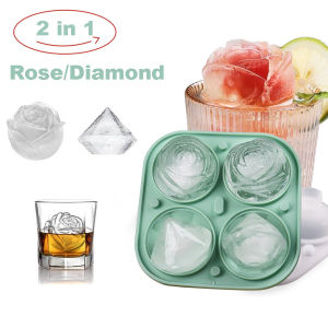 Silicone Rose Ice Cube Tray 2.5 Inch Large Ice Mold 2-in-1 Diamond Ice Ball Maker for Chilling Drinks Dishwasher Safe