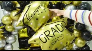 Graduation Decoration Black Gold Double Sided Square Foil Balloon Wall Backdrop Congrats Grad Mylar Balloons Party Decorations For Class of 2025 School Graduation Celebrations