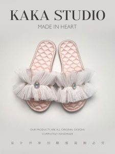 Handmade Lace Trim Fairy Tale Satin Slippers Womens Slip-On Home Sandals Spring Summer Anti-Slip Indoor Outdoor Slippers