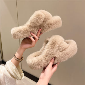Black Furry Slippers Women Winter Outdoor Wear 2025 New Autumn High Heel Thick Bottom Heightening Plush Cotton Slippers