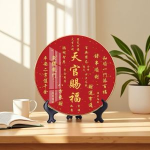 已开光 招财 【正版】福寿喜天官赐福圆形摆台装饰画乔迁送礼百福入门居家饰品礼物 Round Table Decoration Painting for Bestowing Blessings By The God of Longevity and Happiness. Gift for Housewarming. Decorative Item for Bringing Good Fortune To The Entrance and For Home Use. Gift for Celebration.