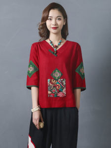 Elegant Embroidered Cotton Linen Mommy T-Shirt for Women in Their 40s And 50s Ethnic Style Fashionable Young Seven Sleeve Top