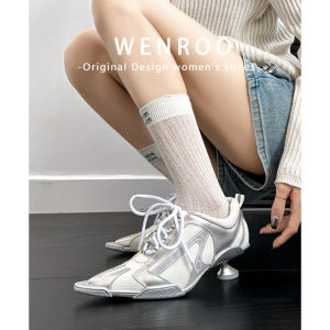 รองเท้าส้นสูงหัวแหลมสีเงินสำหรับผู้หญิง ฤดูใบไม้ผลิและฤดูใบไม้ร่วง รองเท้าลำลองแบบใหม่ รองเท้าส้นเดี่ยว สไตล์ลำลอง สไตล์ยุโรป