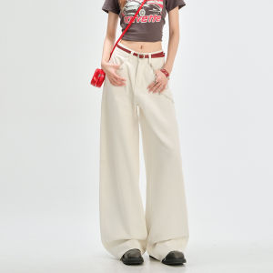 QIAOMIDUO | Spring Autumn Khaki Wide Leg Straight Cut Jeans Womens High Waist Long Cotton Polyester Blend Casual Style Fashionable Loose Fit