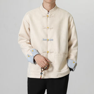 New 2024 Mens Casual Jacket Coat Loose Stand Collar Traditional Chinese Style Outerwear Youth Popular Standard Fit Long Sleeve