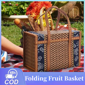 Folding Bamboo Woven Fruit Basket Handheld Picnic Food Storage Basket for Outdoor Woven Fruit Basket
