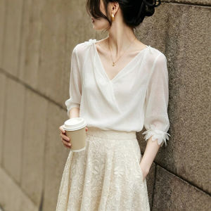 CHOEFULYN | French Style V-neck Design Tie Ladies Blouse