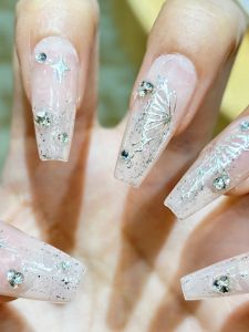 Silver Sparkling Butterfly Handmade Nail Tips Wearable False Nails Atmosphere Sensation Diamond Paved Gentle Color Series Nail Art