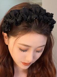 หมวกคล้องผมผ้าตาข่ายสไตล์ฝรั่งเศสหรูหรา เครื่องประดับผมสไตล์เกาหลีสีดำ หมวกคล้องผมขอบกว้างแบบอเนกประสงค์