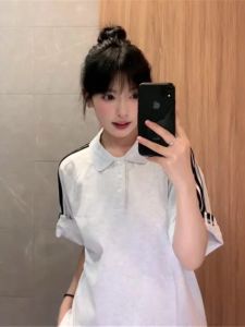 American Polo Shirt Short Sleeve T-Shirt Women Summer Pure Cotton Loose Casual Half Sleeve T-shirt Preppy Style Three Bars Tops