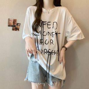 Áo Thun Nữ Tay Ngắn Mùa Hè Phong Cách Hàn Quốc Rộng Rãi Cổ Tròn Cotton 92% Polyester 8% Thiết Kế Chữ Kết Hợp Nơ