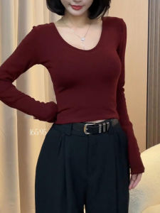 Red Chic Sweet And Spicy Womens T-Shirt Short Sleeve Long Sleeve U-Neck Slimming Trendy Top for Autumn Korean Style Commute