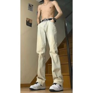 Cleanfit Yellow Mud Color Cowboy Jeans Mens High Waist Slim Straight Leg Jeans American Vibe Casual Wear Youth Fashion
