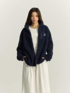 Insliisa Womens Hoodie Jacket Lamb Fur Collar Zipper Cardigan Dark Blue Autumn Winter New Style Loose Fit Long Sleeve Coat