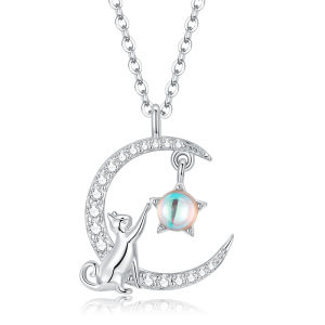 BAMOER Genuine 925 Sterling Silver Cat Moon Cute Animal Pendant Necklace for Women Silver Fashion Jewelry Gift SCN486