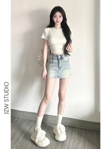 Retro Washed Denim Mini Skirt Womens High Waist A-Line Short Skirt Summer Trendy Anti-Light Walking Casual Versatile Skirt