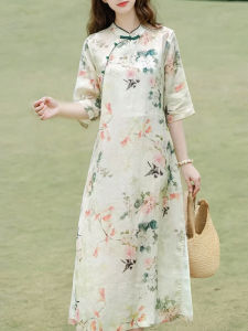 New Chinese Style Stand Collar Print Linen Midi Dress Womens Seven Sleeve Buttoned Qipao Cotton Linen Dress