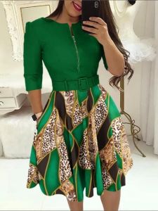 ชุดเดรสแฟชั่นพิมพ์ลายสำหรับผู้หญิง เอวสูง แขนยาว กระโปรงทรงเอ ผ้าผสมโพลีเอสเตอร์ ชุดทำงานฤดูร้อน 2024