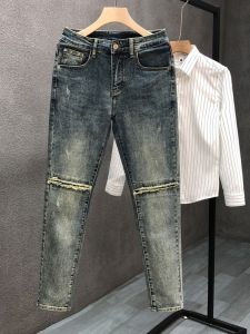 สไตล์เรโทร ผู้ชาย เดนิม ยีนส์เย็บปะติดปะต่อ สลิมฟิต รู ดีไซน์ ทันสมัย ฤดูใบไม้ผลิ ฤดูร้อน เยาวชนมาใหม่ ลำลอง ยาว กางเกงขายาว