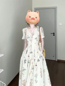 French Vintage Floral Print Dress Women Summer 2025 New Style Small Size Elegantly Waist-Cinched Short Sleeve Midi Dress