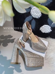 New 2024 Womens High Heels for Skirts Comfortable Waterproof Platform Wedding Shoes Small Size Fairy Style Glitter Leather