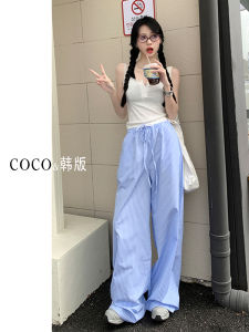 กางเกงขายาวทรงตรงเอวสูงลายทางสีน้ำเงิน กางเกงขายาวทรงหลวมสบาย ๆ สำหรับผู้หญิง กางเกงขายาวทรงตรงยาวถึงพื้น ทรงเข้ารูป