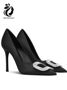 สีดำ ผ้าซาติน รองเท้าส้นสูง ผู้หญิง หัวเข็มขัดเพชรหัวแหลม Princely ทันสมัย มี กระโปรง ส้นบาง หลากหลาย ผ้าไหม รองเท้าเดี่ยว