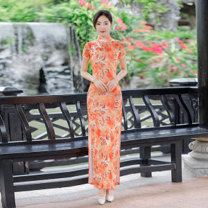 Good Luck Red Net Print Qipao Dress Short Sleeve Improved Version High Slit Daily Wear Floral Pattern Chinese Style Womens Clothing