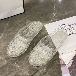Crystal Slippers Women Transparent Anti-Slip Home Use Bathing Summer Outdoor Wear Headed Half Slippers Comfortable Flat Heel