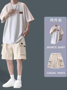 Summer Loose Pure Cotton Short Sleeve T-Shirt Mens Casual Set Cool And Handsome Youth Fashion Two-Piece Set round Neck