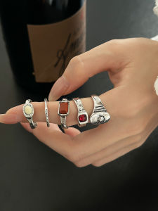 Handmade Vintage Korean Style Fashion Ring for Women Red Ruby Index Finger Ring Trendy Worn out Design Alloy Silver Gold
