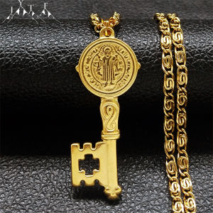 Catholicism Saint Benedict Key of Life Pendant Necklace for Women Men Stainless Steel Hip Hop San Benito Medal Necklaces Jewelry