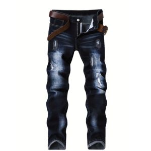 Mens Jeans Pant Break Hole Baggy Pants Y2k Man Clothing Embroidery Slim and Thin Elasticity Straight Trousers for Man Clothes